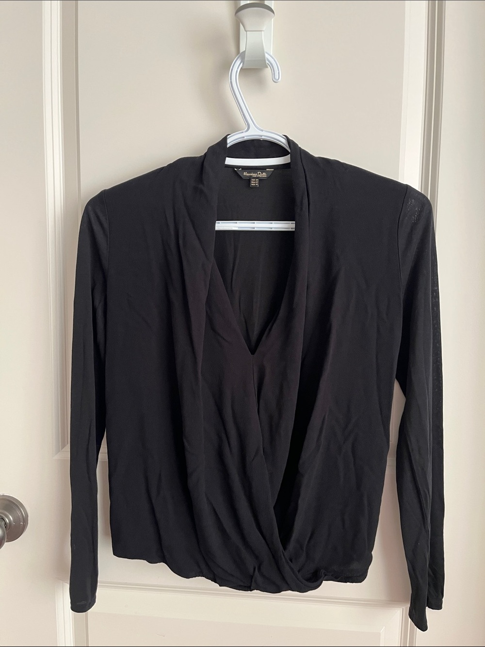 Massimo Dutti Black Draped Wrap-Front Long‎ Sleeve Blouse